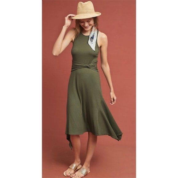 Green Anthropologie Ribbed Racerback Handkerchief Hem Sleeveless Dress (NWT) - Picture 2 of 5